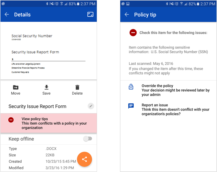 Data Loss Prevention Policy Tips in OneDrive mobile apps