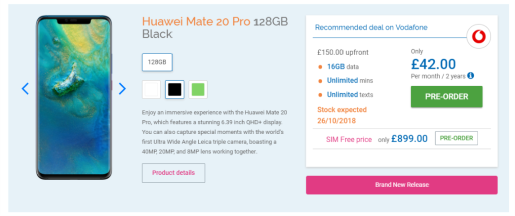 Huawei Mate 20 Pro Preorder offers from Mobiles.co.uk
