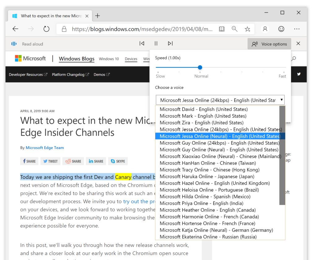 Bringing cloud powered voices to Microsoft Edge Insiders